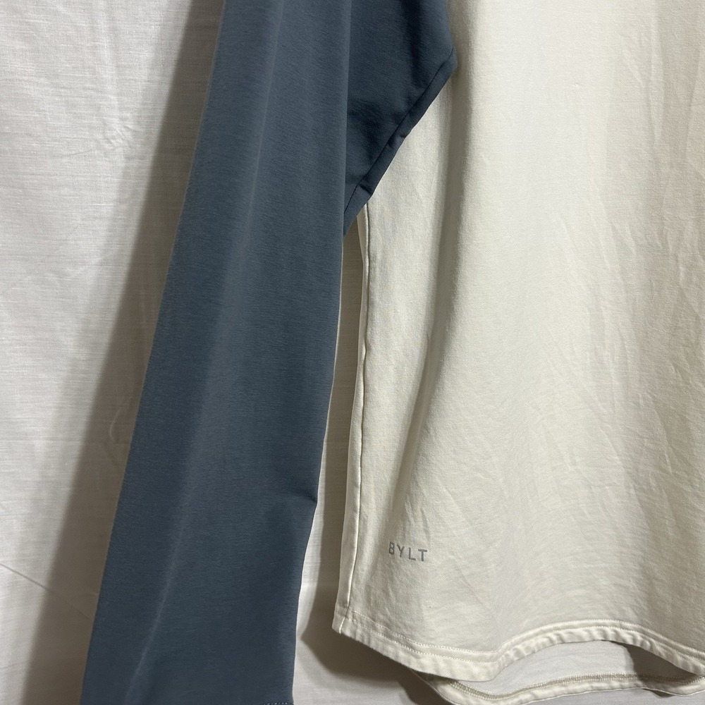 BYLT Shirt Mens Cream Navy Drop Cut Baseball Lux 3/4‎ Sleeve Size Small - Picture 2 of 5